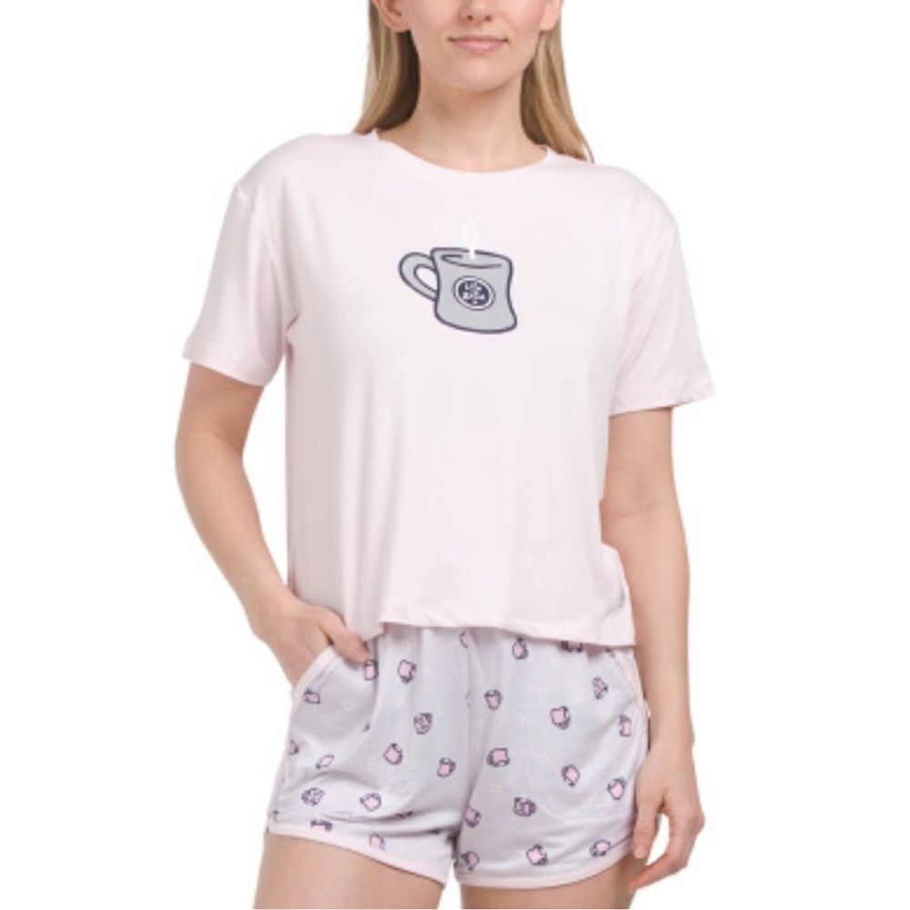 Life is Good Light Pink Navy Coffee Cup Graphic Short Sleeve Top & Shorts PJ Set